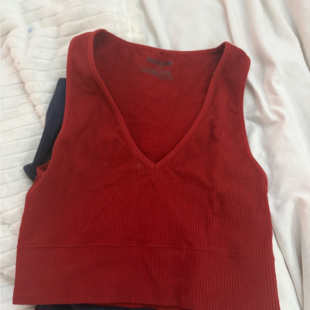 Garage Red Ribbed V-Neck Crop Top used condition
